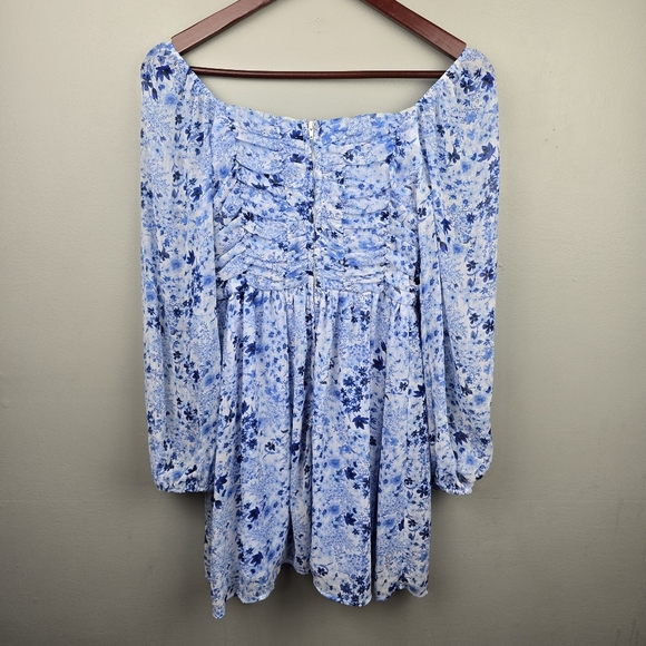 Baby Doll Bubble Long Sleeve Ruched Floral Chiffon Dress Blue Womens Size S - Picture 4 of 11